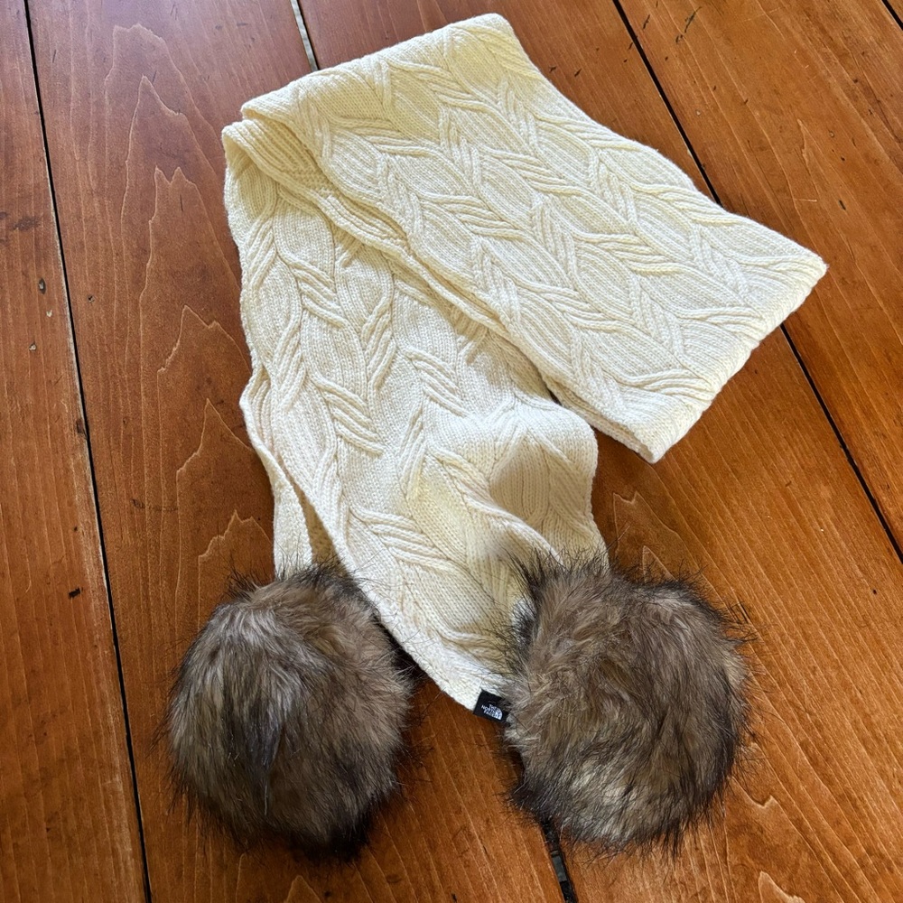 The North Face Knit Cream Scarf - Oh Mega Fur Pom Pom